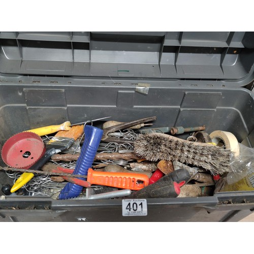 401 - Large heavy duty plastic tool box containing an assortment of tools to include, hammers, saw, drill ... 