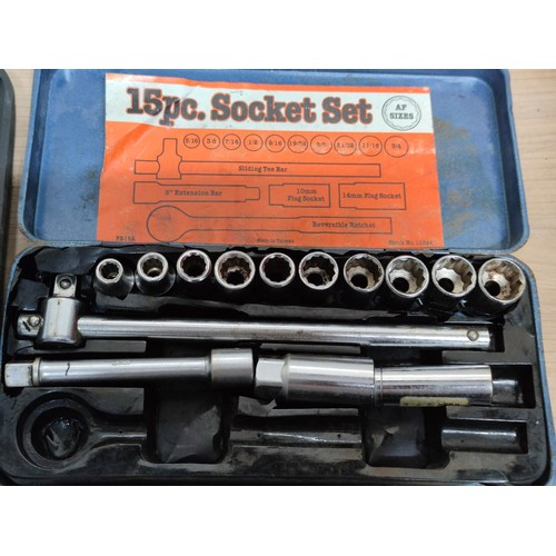 405 - A red metal toolbox containing a larges quantity of spanners along with a socket set (English and me... 