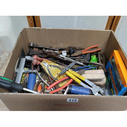 415 - A box of tools and accessories including tin snips, pliers, circular saw blades, brushes, original D... 