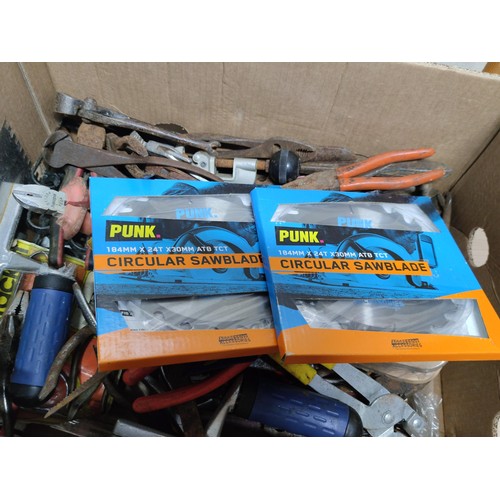 415 - A box of tools and accessories including tin snips, pliers, circular saw blades, brushes, original D... 