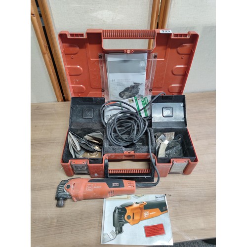 435 - Cased Fein multi master FMM350Q reciprocating saw complete with many attachments and instructions in... 