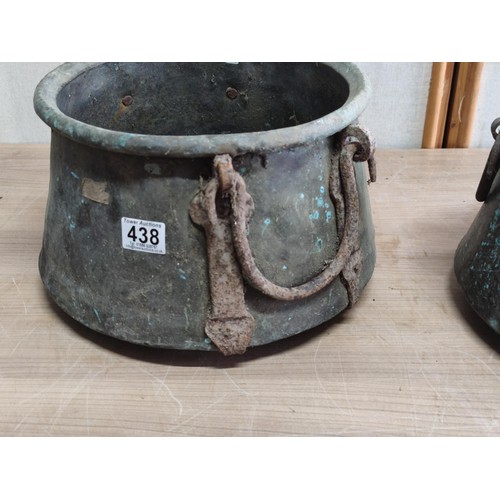 438 - Pair of antique copper pans with wrought iron handles, one pan has holes to the base largest has a h... 