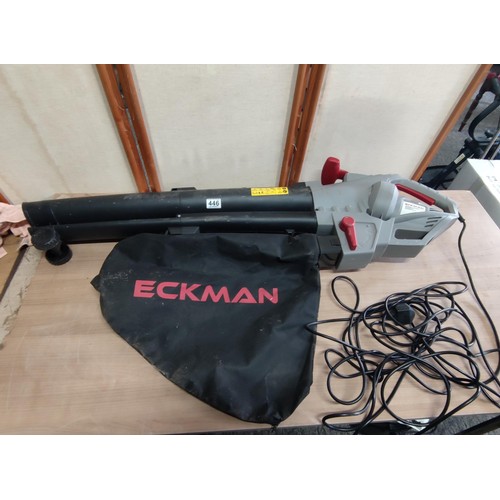 446 - Good quality Eckman garden vac blower complete with collection bag and power cable