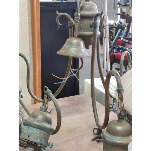 457 - A complete vintage wall and ceiling brass and opaque glass lighting set inc 8x wall mounted sconces,... 