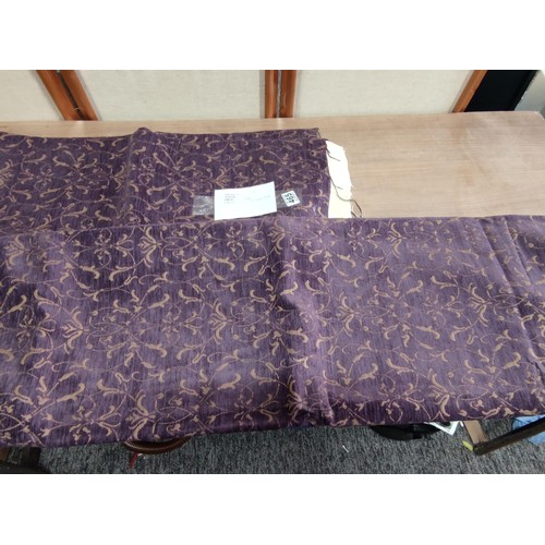 465 - A pair of good quality thick unused Laura Ashley curtains in purple with gold coloured design no hea... 