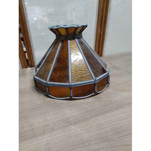 488E - Good quality vintage amber glass lamp shade lead lined in one lower pane is broken otherwise in good... 