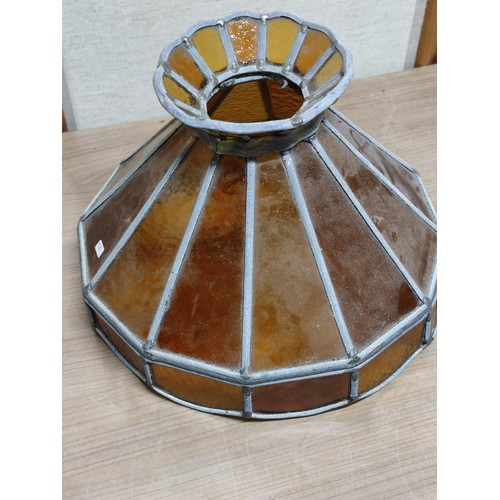 488E - Good quality vintage amber glass lamp shade lead lined in one lower pane is broken otherwise in good... 