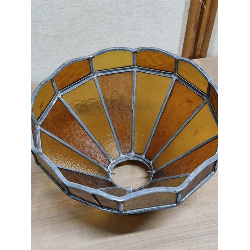 488E - Good quality vintage amber glass lamp shade lead lined in one lower pane is broken otherwise in good... 