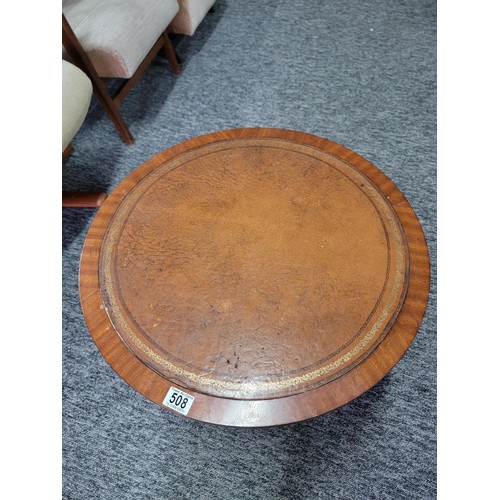 508 - Round mahogany occasional table with leather top (slight damage) on tripod legs with brass claw feet... 