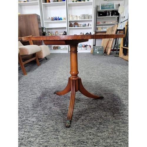 508 - Round mahogany occasional table with leather top (slight damage) on tripod legs with brass claw feet... 