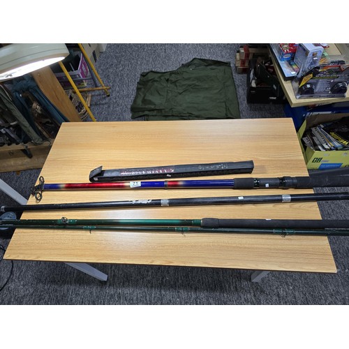 71 - A quantity of 3x fishing rods and a landing net handle along with some accessories which appear to b... 