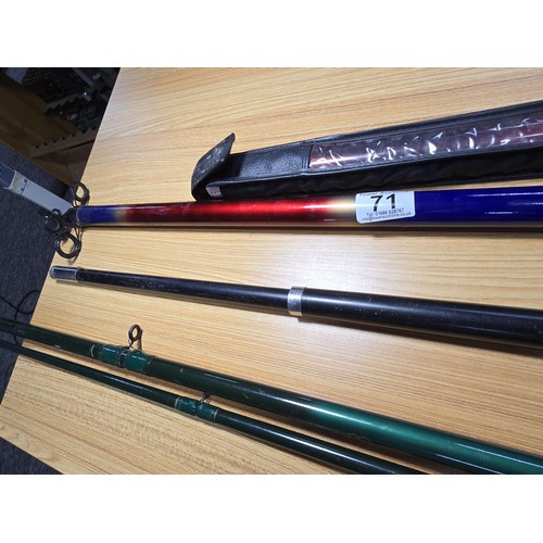 71 - A quantity of 3x fishing rods and a landing net handle along with some accessories which appear to b... 