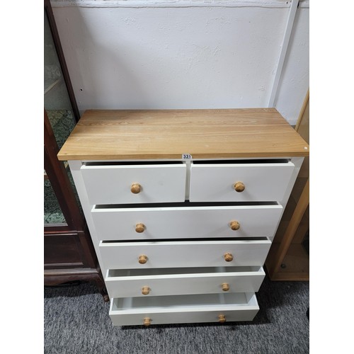 331 - Modern Cream painted 2 over 4 drawer chest with solid oak top with bun handles to each drawer and in... 