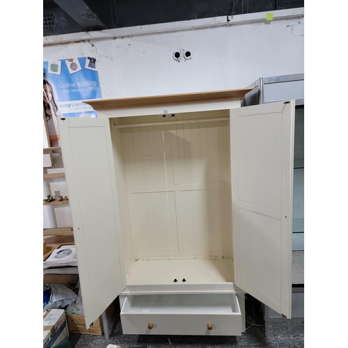 332 - Modern cream Painted wardrobe with solid oak top plinth giving two doors and one large drawer to bas... 