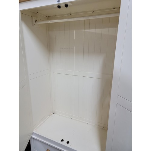 332 - Modern cream Painted wardrobe with solid oak top plinth giving two doors and one large drawer to bas... 