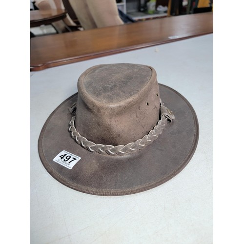 497 - Good quality leather hat by Wombat in good overall condition. See photos for more details