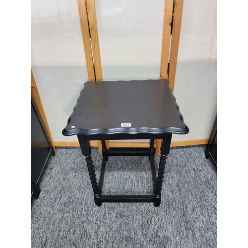 537 - Antique black painted table with a pie crust edge and barley twist legs in clean condition height 66... 