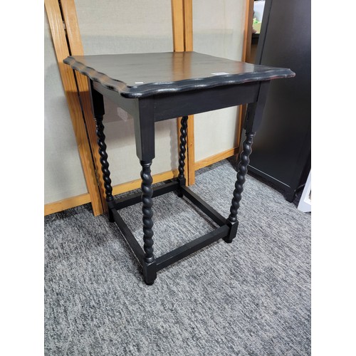 537 - Antique black painted table with a pie crust edge and barley twist legs in clean condition height 66... 