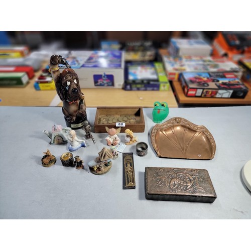 80 - A box of collectables to include an art deco copper tray, a small quantity of threepence coins, mini... 