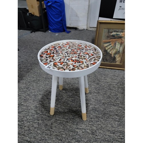 94 - New Mosaic Art White circular table with hand made resin decoration using fragments of Royal Crown D... 