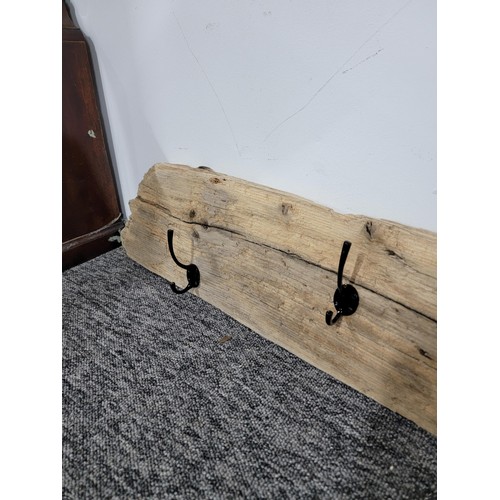 102 - Large piece of drift wood converted to a coat rack with 4x hooks along with a cast iron Shell sign, ... 