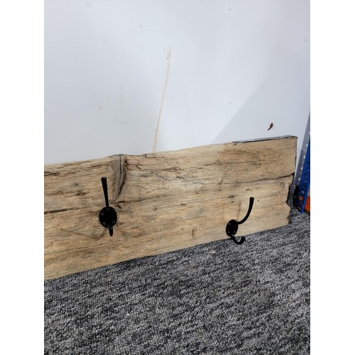 102 - Large piece of drift wood converted to a coat rack with 4x hooks along with a cast iron Shell sign, ... 