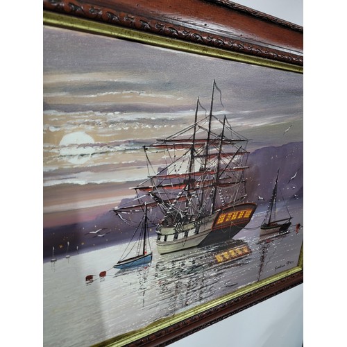 103 - Framed oil on canvas by Gordon Allen of 3x sailing ships inc a galleon  in good order measures 51cm ... 