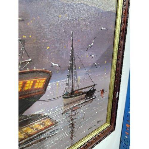 103 - Framed oil on canvas by Gordon Allen of 3x sailing ships inc a galleon  in good order measures 51cm ... 