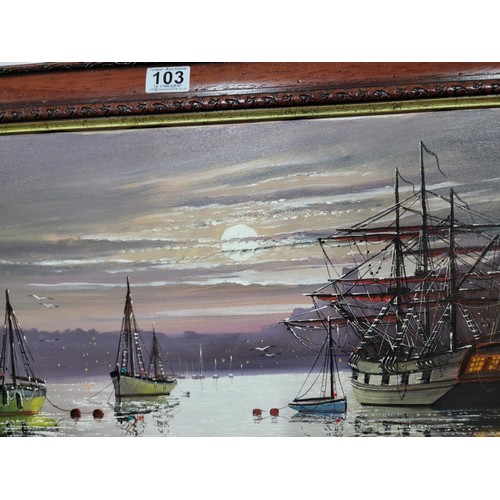 103 - Framed oil on canvas by Gordon Allen of 3x sailing ships inc a galleon  in good order measures 51cm ... 