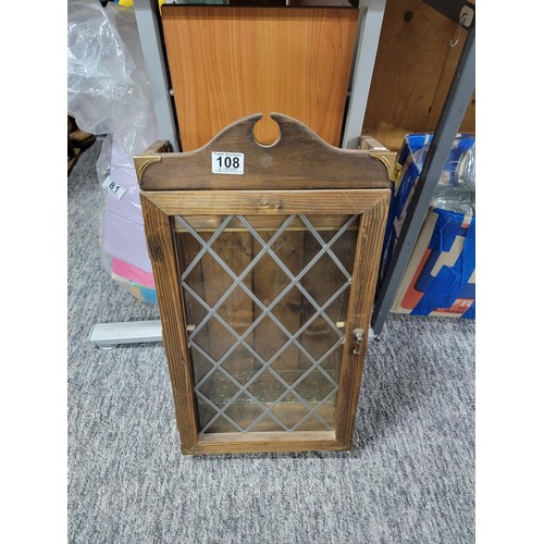 108 - Wooden wall hanging glazed unit with leaded glass with coloured lighting inside height of 60cm high,... 