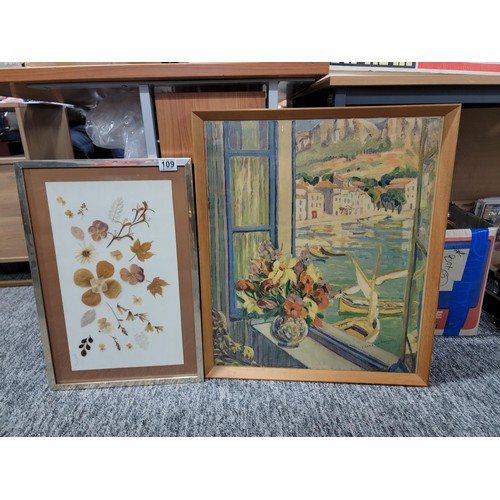 109 - 2x framed and glazed pictures inc Clements Hassell print of a window scene along with a pressed flow... 