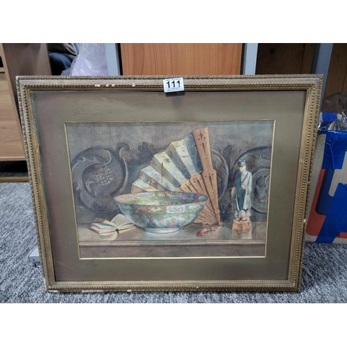 111 - Antique 100 yr old framed watercolour of a still life scene depicting an oriental bowl, fan etc, sta... 