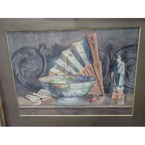 111 - Antique 100 yr old framed watercolour of a still life scene depicting an oriental bowl, fan etc, sta... 