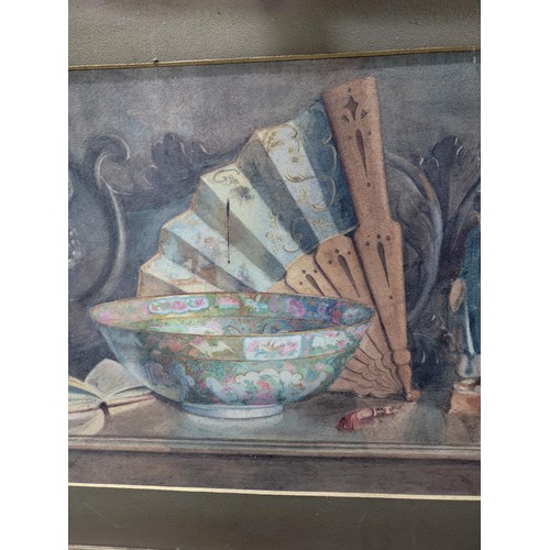 111 - Antique 100 yr old framed watercolour of a still life scene depicting an oriental bowl, fan etc, sta... 