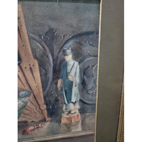 111 - Antique 100 yr old framed watercolour of a still life scene depicting an oriental bowl, fan etc, sta... 