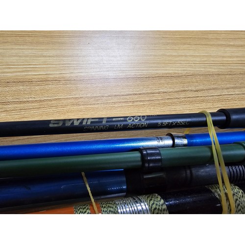 12 - A collection of 5x telescopic fishing rods to include a Crane power beach 12ft 4 piece rod, a Sinerg... 