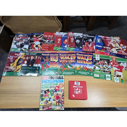 72 - A large collection of Rugby programmes along with a complete The Sun encyclopedia and soccer stamp a... 