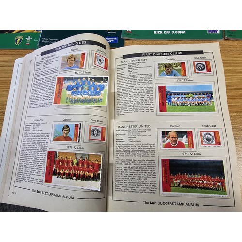 72 - A large collection of Rugby programmes along with a complete The Sun encyclopedia and soccer stamp a... 