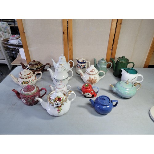 443 - 2x boxes containing a large quantity of 15x ceramic teapots inc Royal Albert Old Country Roses, a dr... 