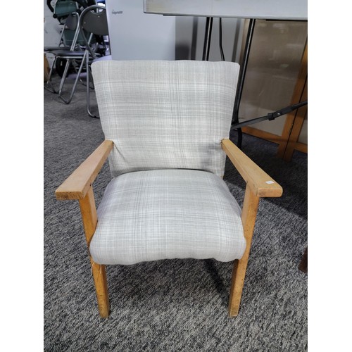 453 - Small grey upholstered childs wooden chair in good order, height 56cm, width 41cm depth 36cm