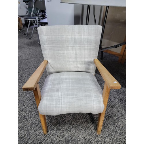 453 - Small grey upholstered childs wooden chair in good order, height 56cm, width 41cm depth 36cm