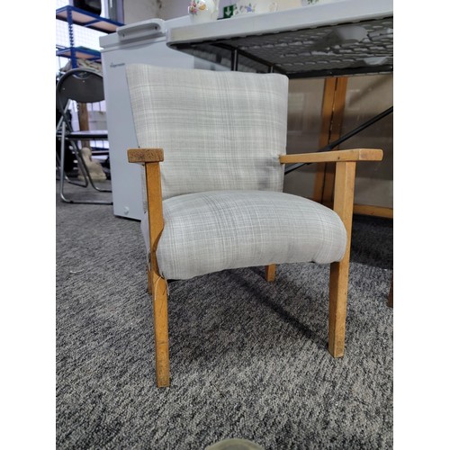 453 - Small grey upholstered childs wooden chair in good order, height 56cm, width 41cm depth 36cm