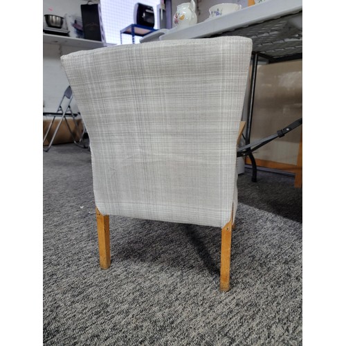 453 - Small grey upholstered childs wooden chair in good order, height 56cm, width 41cm depth 36cm