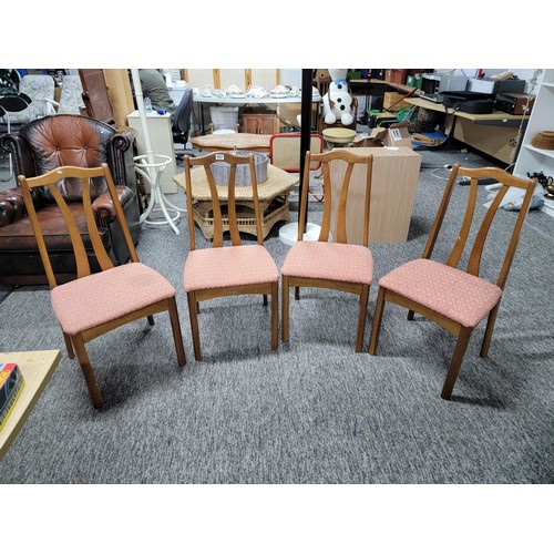 457 - Set of 4x solid beech dining chairs with padded seats, one chair is showing wear to the top otherwis... 