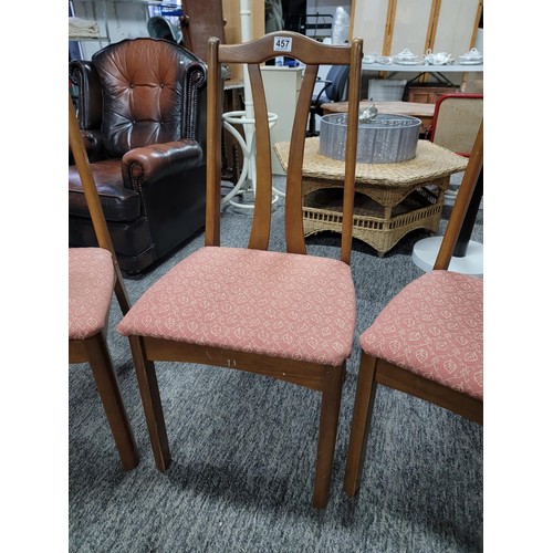 457 - Set of 4x solid beech dining chairs with padded seats, one chair is showing wear to the top otherwis... 