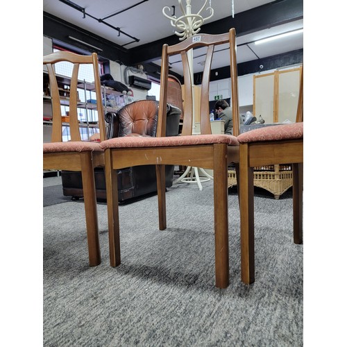 457 - Set of 4x solid beech dining chairs with padded seats, one chair is showing wear to the top otherwis... 