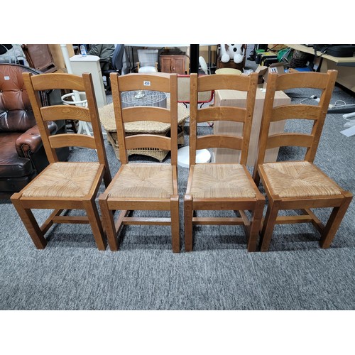 459 - 4x set of high back dining chairs raised on square legs with joining stretchers, triple ladder back ... 