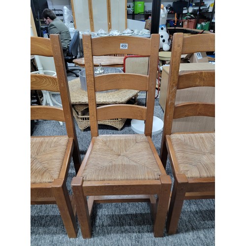 459 - 4x set of high back dining chairs raised on square legs with joining stretchers, triple ladder back ... 