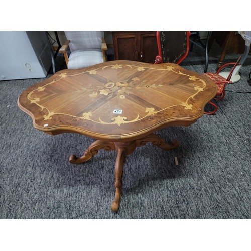 474 - Good quality wooden floral inlaid Sorrento style coffee table standing on carved pedestal stand in o... 