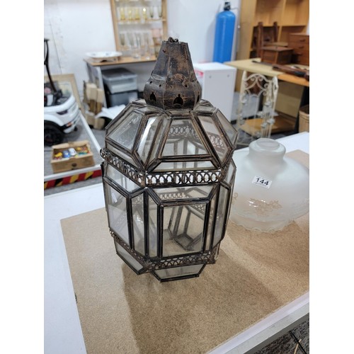 144 - Good Vintage ceiling hanging lantern featuring bevelled glass panels, a frosted glass lamp shade alo... 